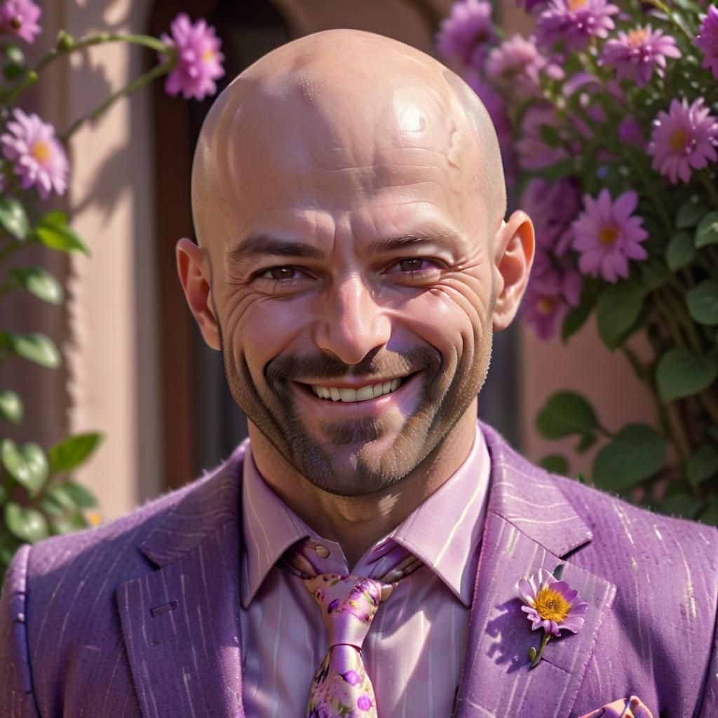 Handsome bald man in purple suit