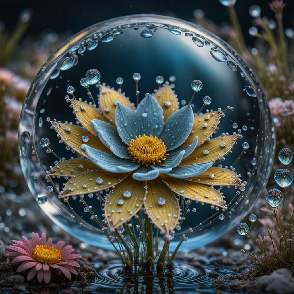 Bioluminescent Flowers in Moonlit Water Drop