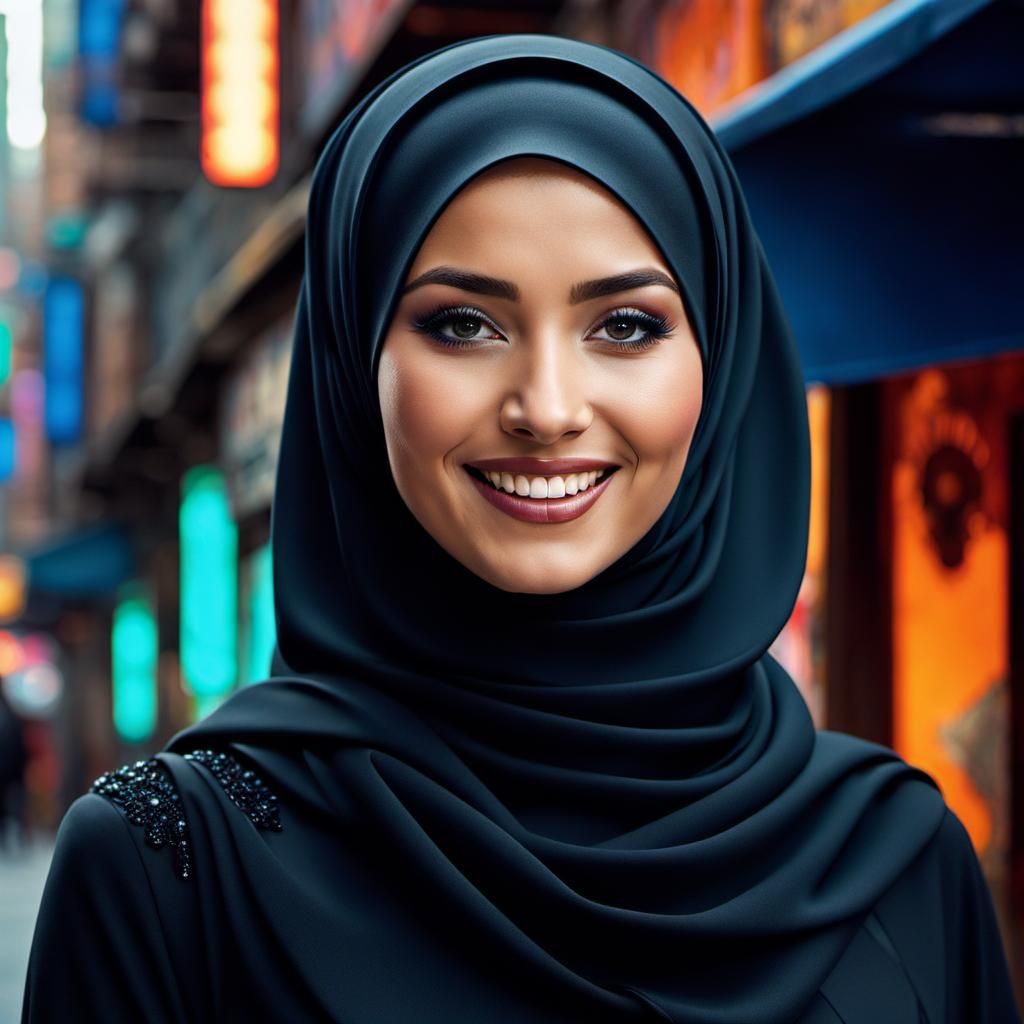 Ethereal Hijabi Goddess in Futuristic Metropolis