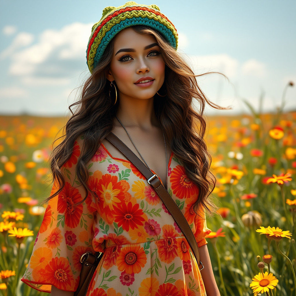 1960s Hippie Woman with Floral Dress and Earrings