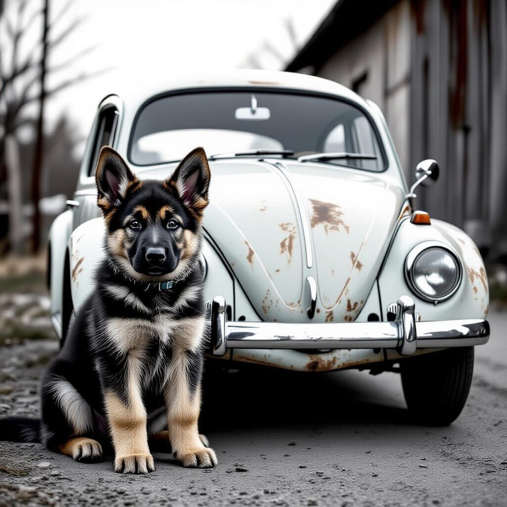 German Shepherd Puppy with Vintage VW Beetle in Film Noir