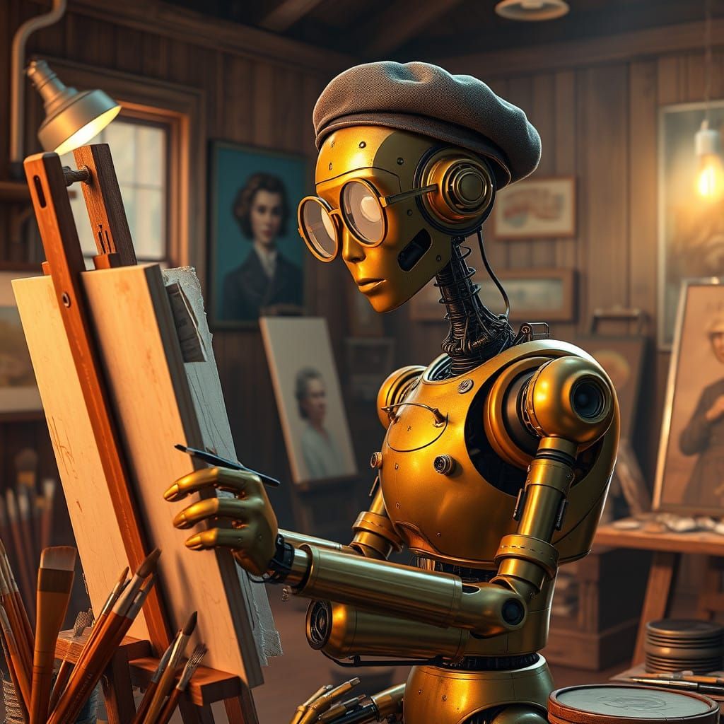 Robot Artist Creates Timeless Self-Portrait in Warm, Cozy St...