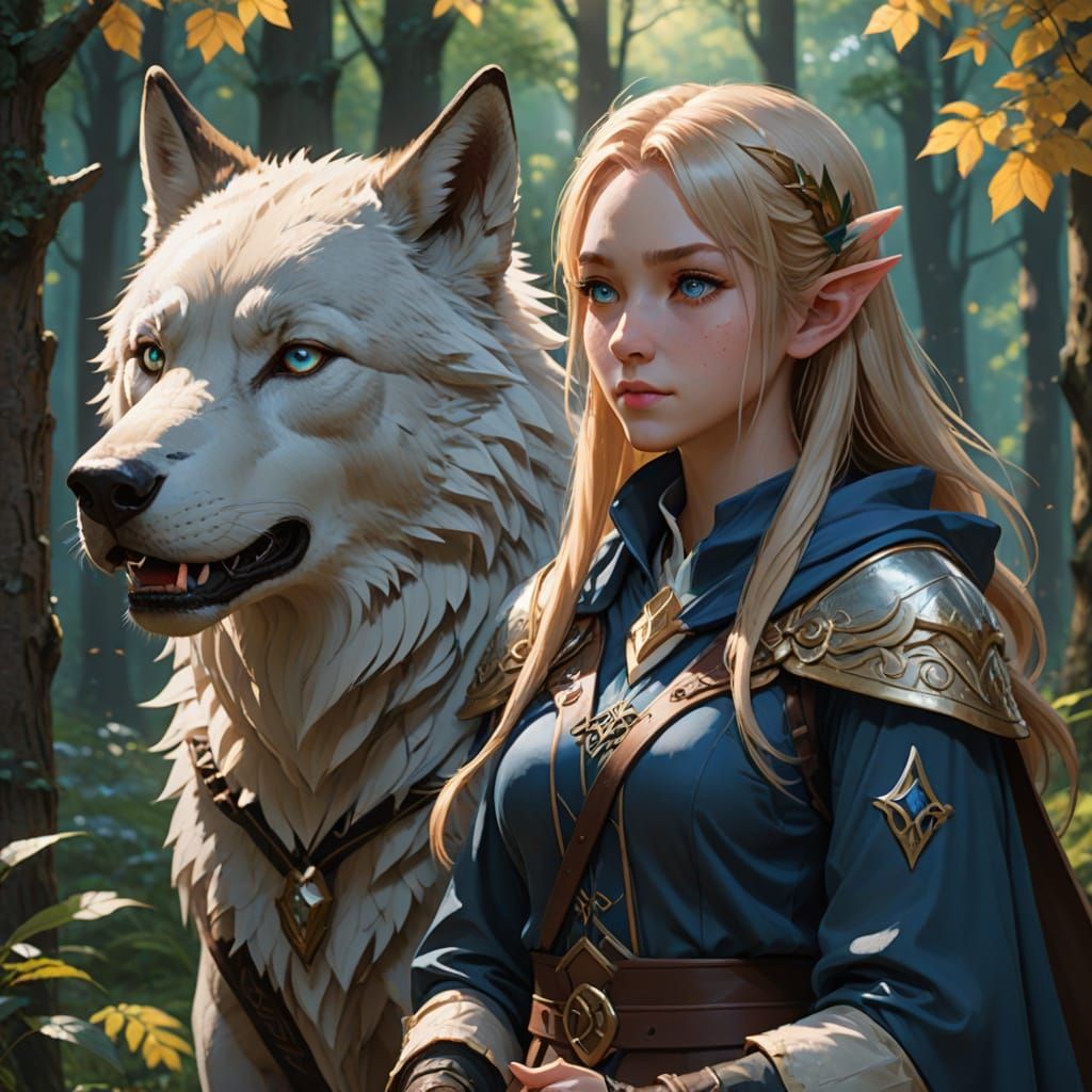 Elf Druid and Wolf in Forest, 3D Anime Art