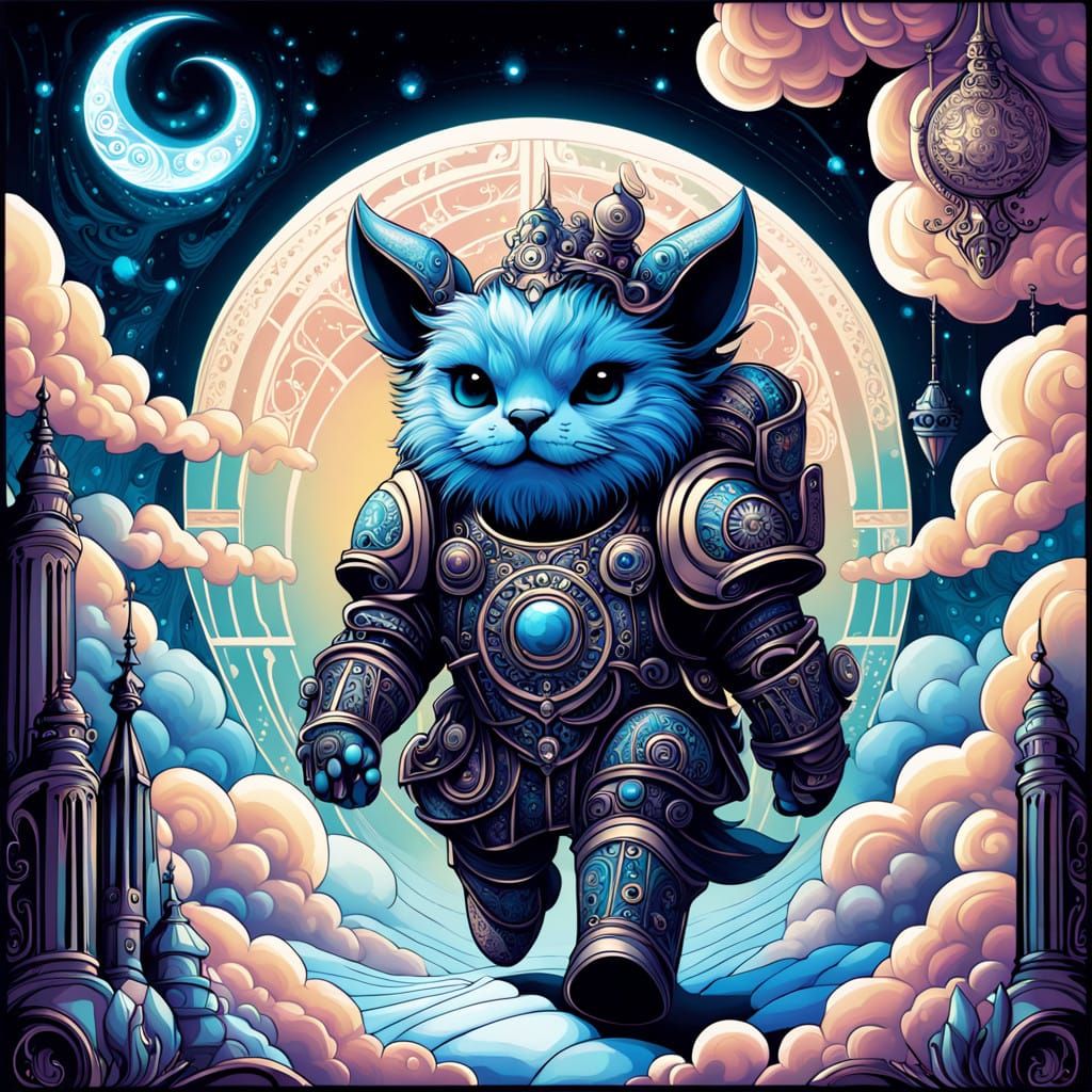 Whimsical Surrealist Monster Walks Amidst Cosmic Rainbow Clo...