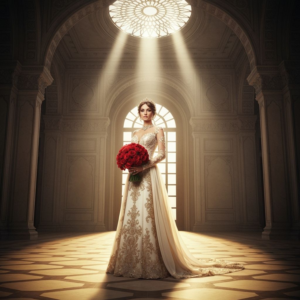 Regal Bride in Golden Palace with Red Roses