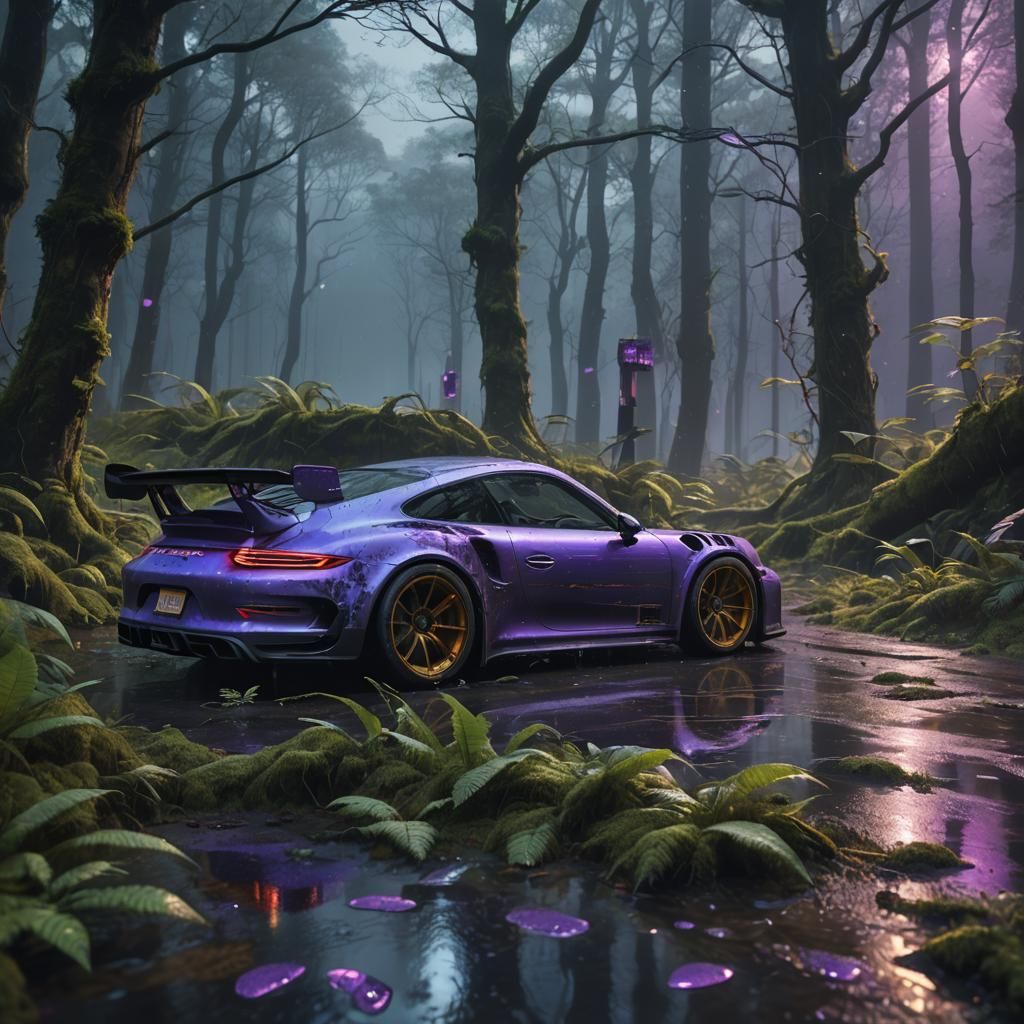 Futuristic Porsche GT3 RS in Dystopian Forest