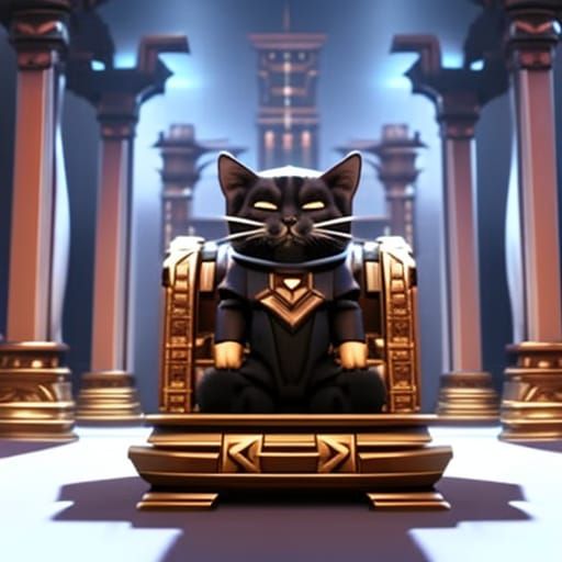 Armored Cat on Throne in 3D Game Cinematic Style