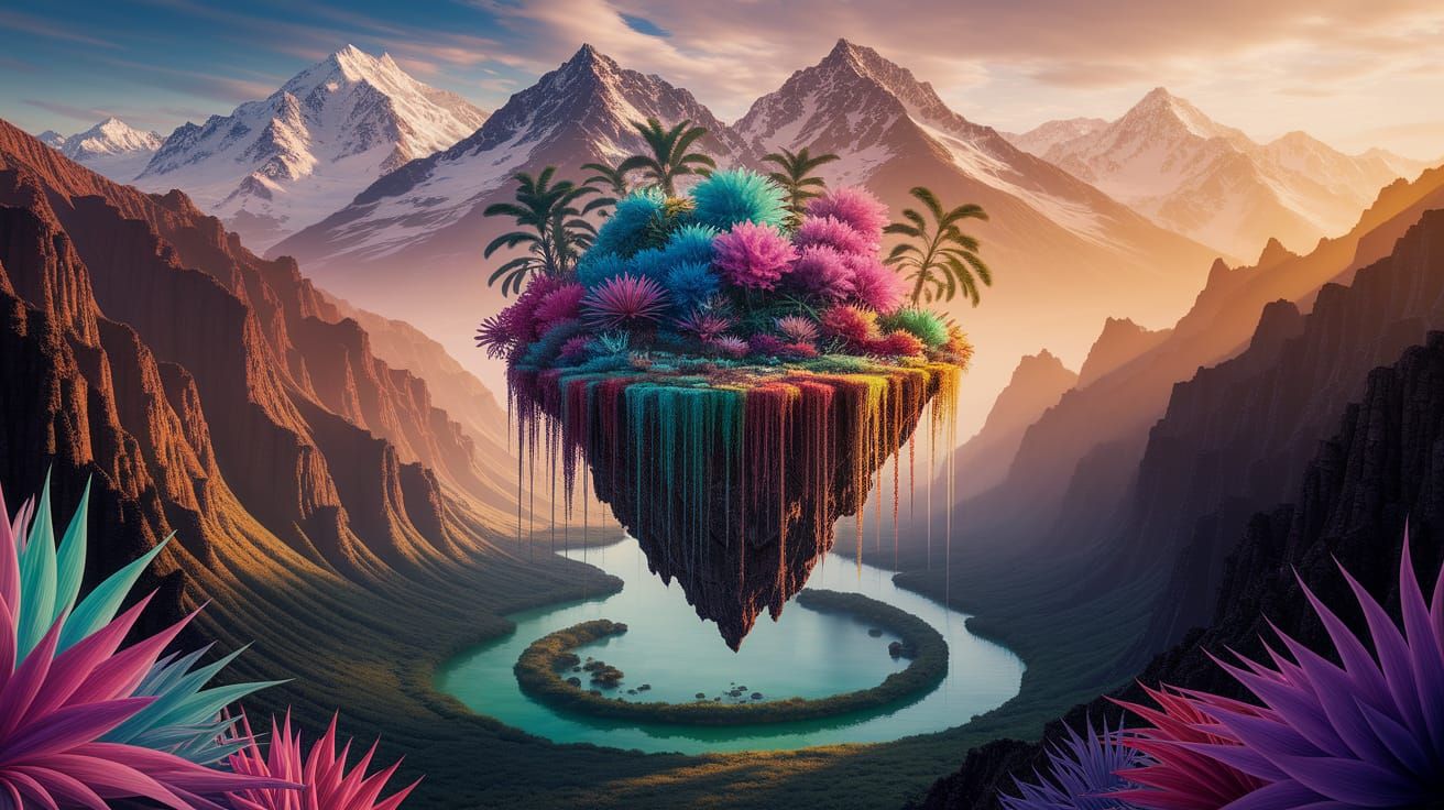 Floating Tropical Island Amidst Mountains Overlooking River