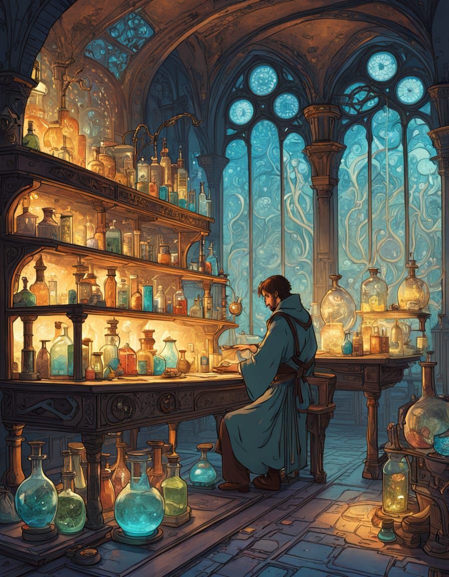 Magical Laboratory Concept Art with Glowing Potions