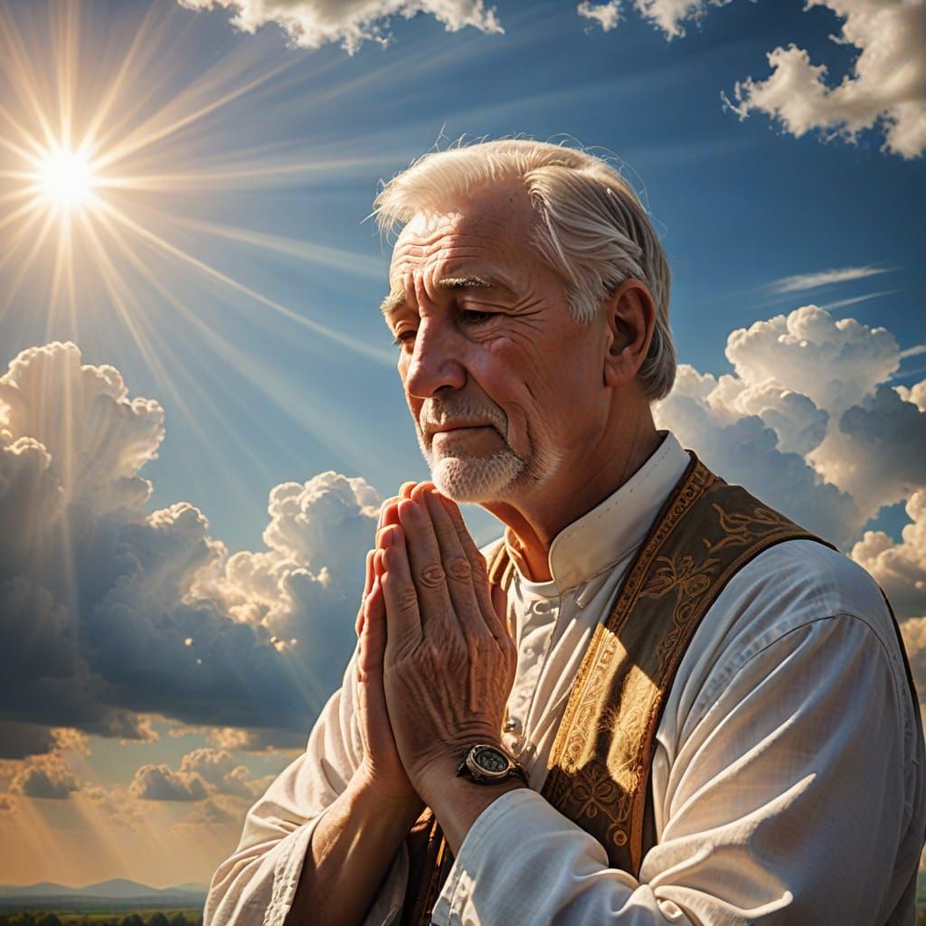 Hopeful Man Praying in Divine Sunshine