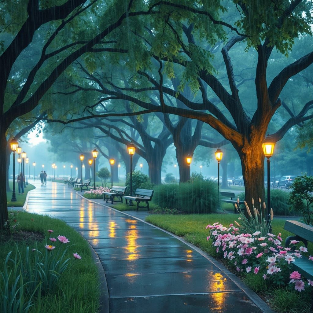 Rainy Park at Dusk: A Watercolor Painting