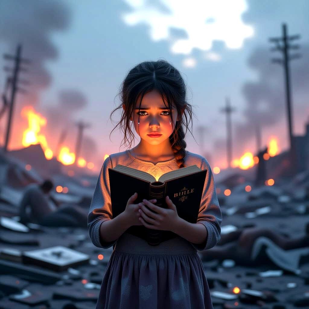 Girl Holds Bible Amidst Devastated World