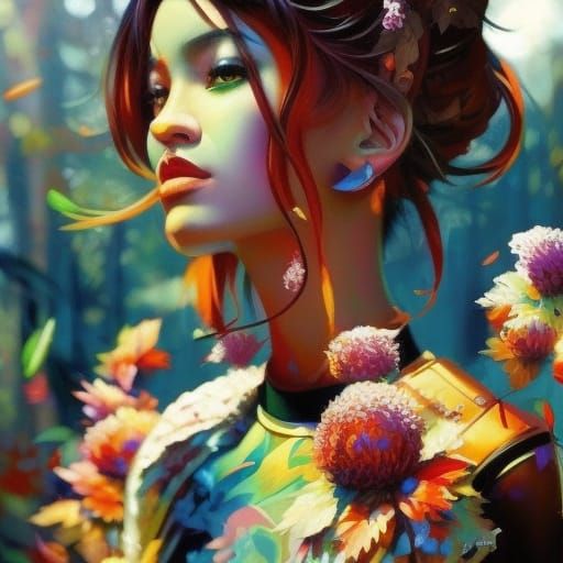 Colorful Anime Girl in Forestpunk Autumn Painting