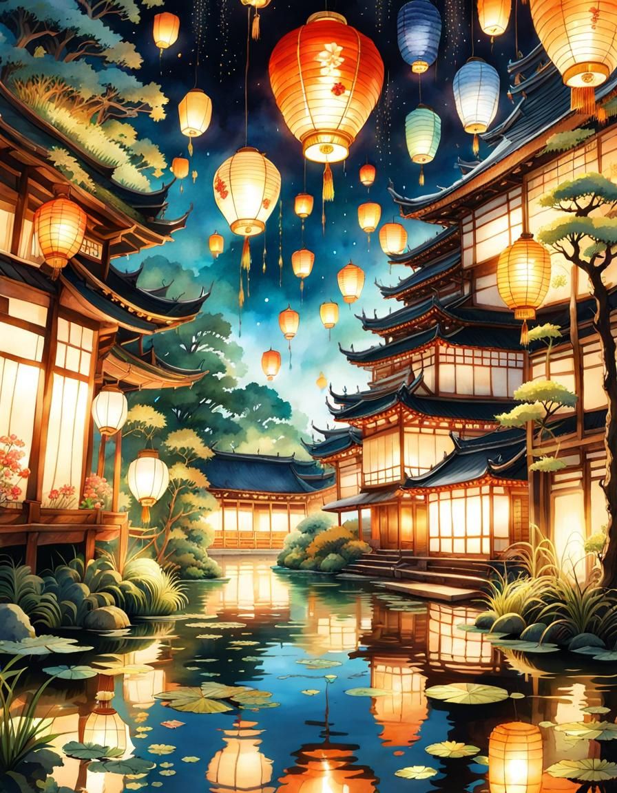 Magical Lanterns Light Asian Fantasy Pond