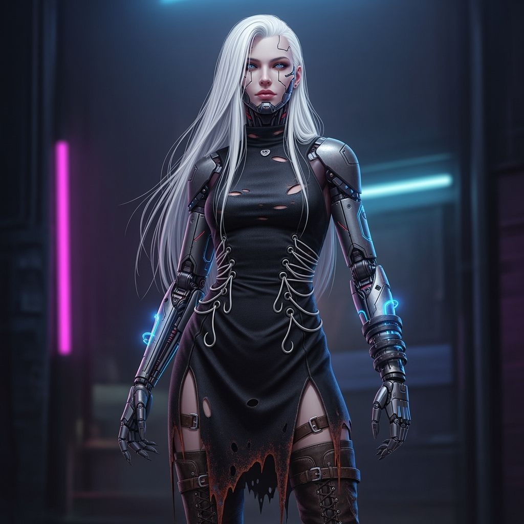 Futuristic Android in Black Dress with Neon Cyberpunk Lighti...