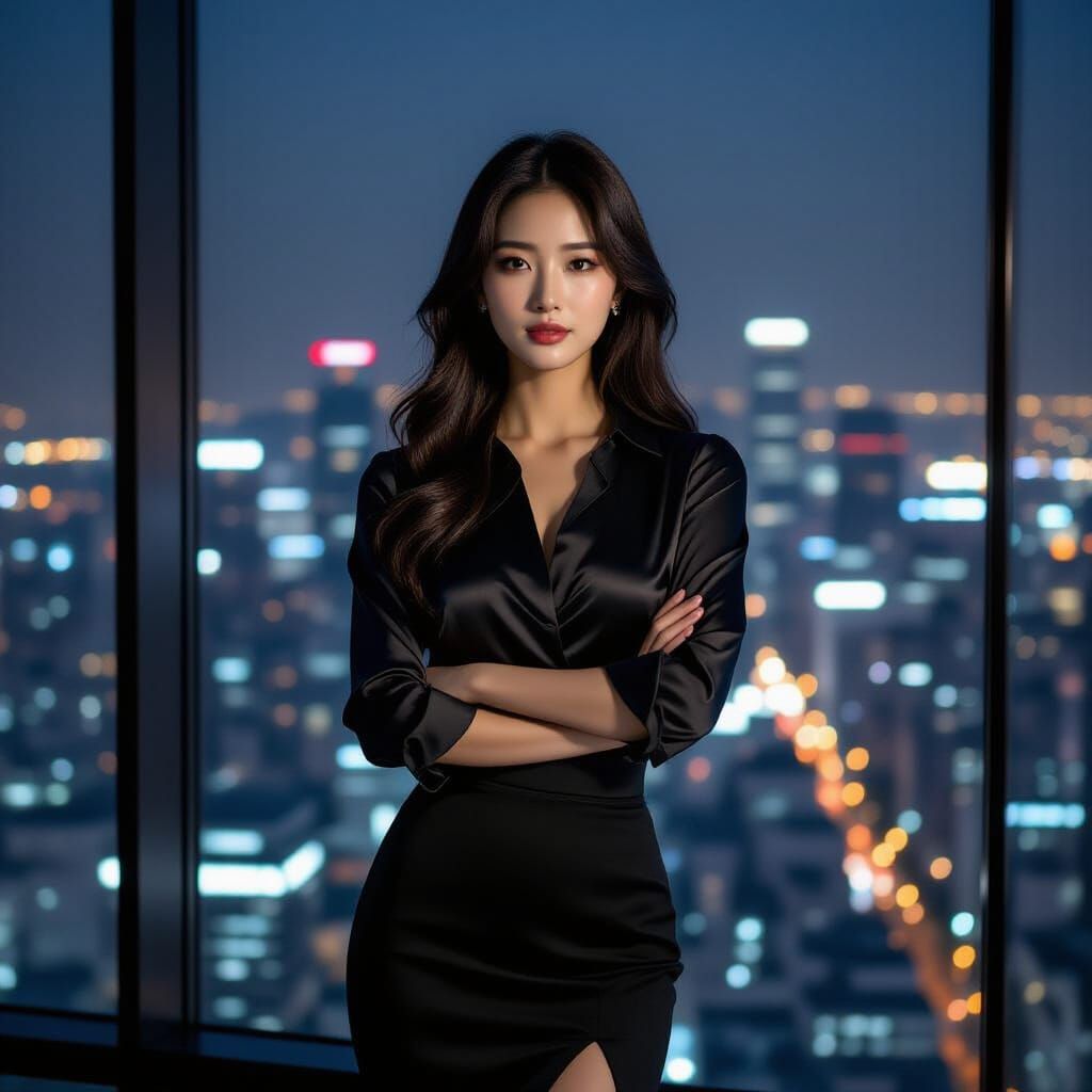 Cinematic Portrait of Elegant Korean Woman in Cityscape