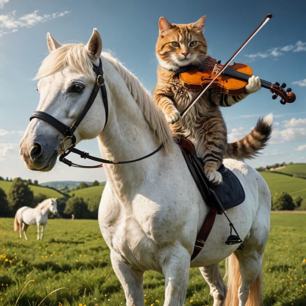Cat Violinist on White Horse