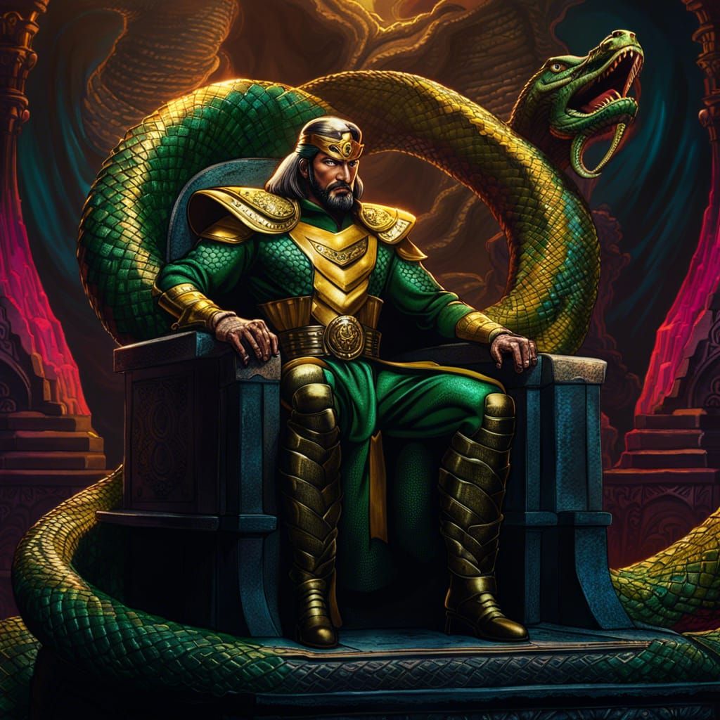 Serpentor on Serpent Throne: Hyperrealistic Splash Art