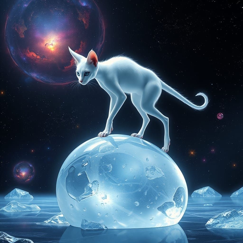 Ethereal Feline on Frozen World: Dreamlike Galaxy Art