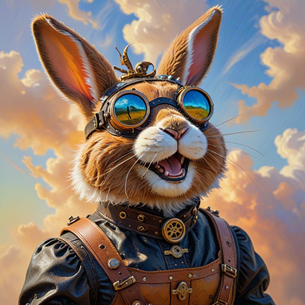 Laughing Steampunk Bunny in Neo-Impressionist Oil Painting