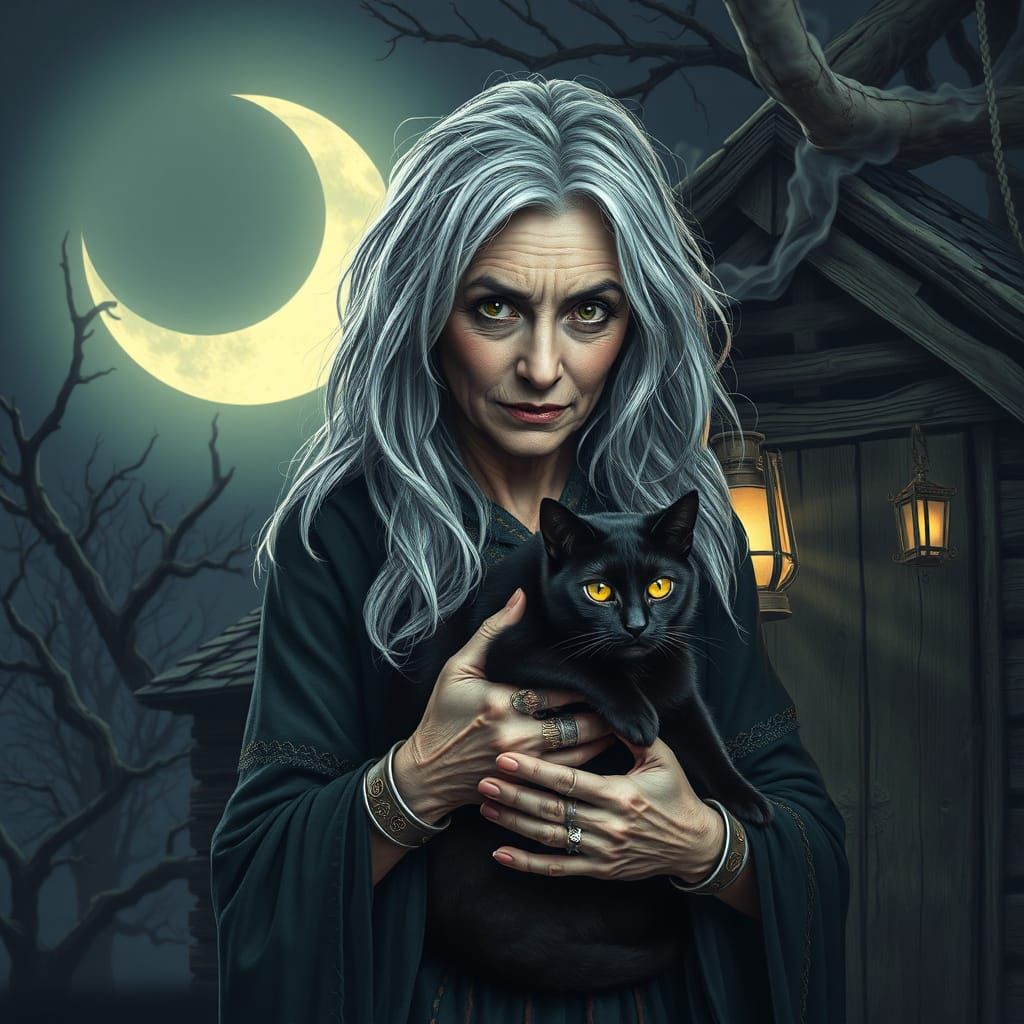 Mysterious Witch Under Crescent Moonlight