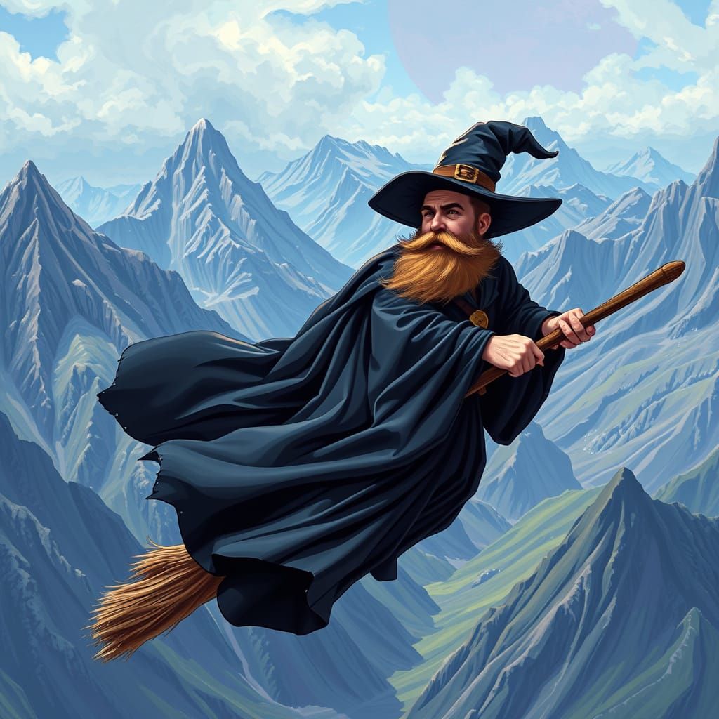 Bearded Man Soaring Through Mountains in Psychedelic Style