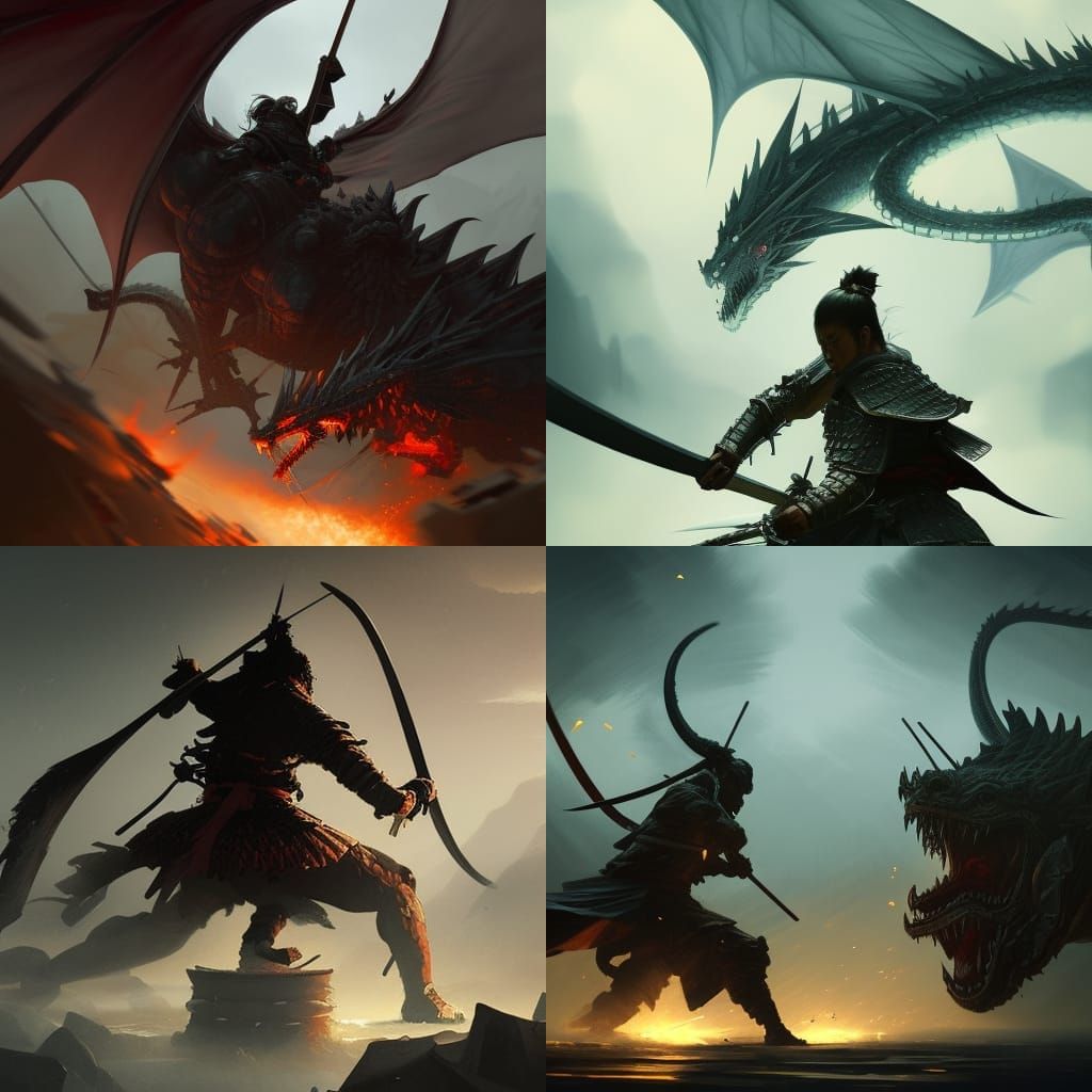 Samurai Dragon Fight: Dark Fantasy Concept Art