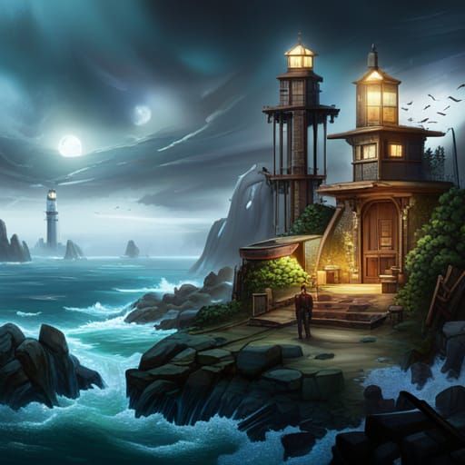 Coastal Town with Lighthouse: Fantasy Concept Art