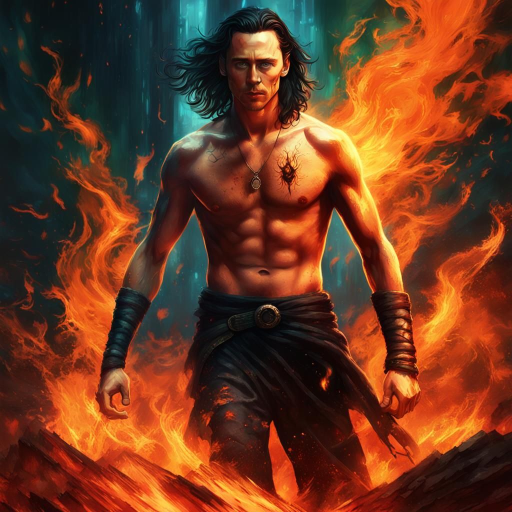Fiery Man with Green Eyes in Fantasy Art