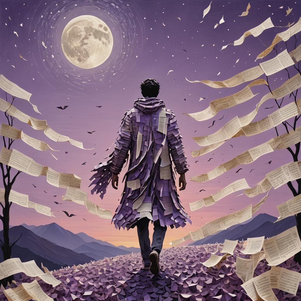 Figure of Written Pages Embarks on a Tranquil Journey Throug...