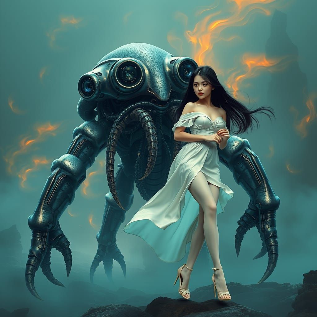 Robotic Monster Abducts Woman in Sci-Fi Landscape