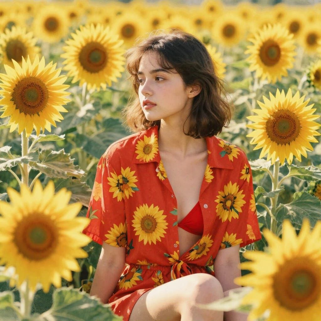Woman in Sunflower Field at Golden Hour