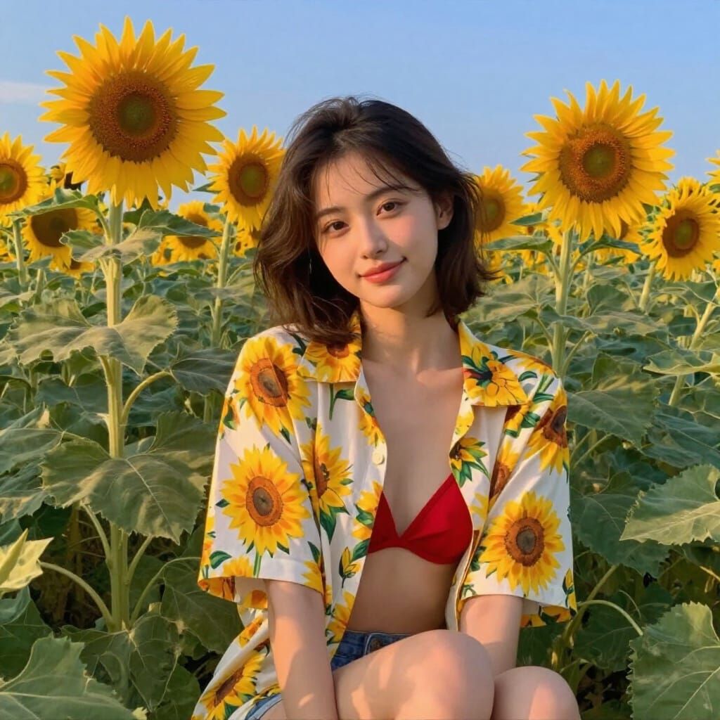Woman in Sunflower Field at Golden Hour