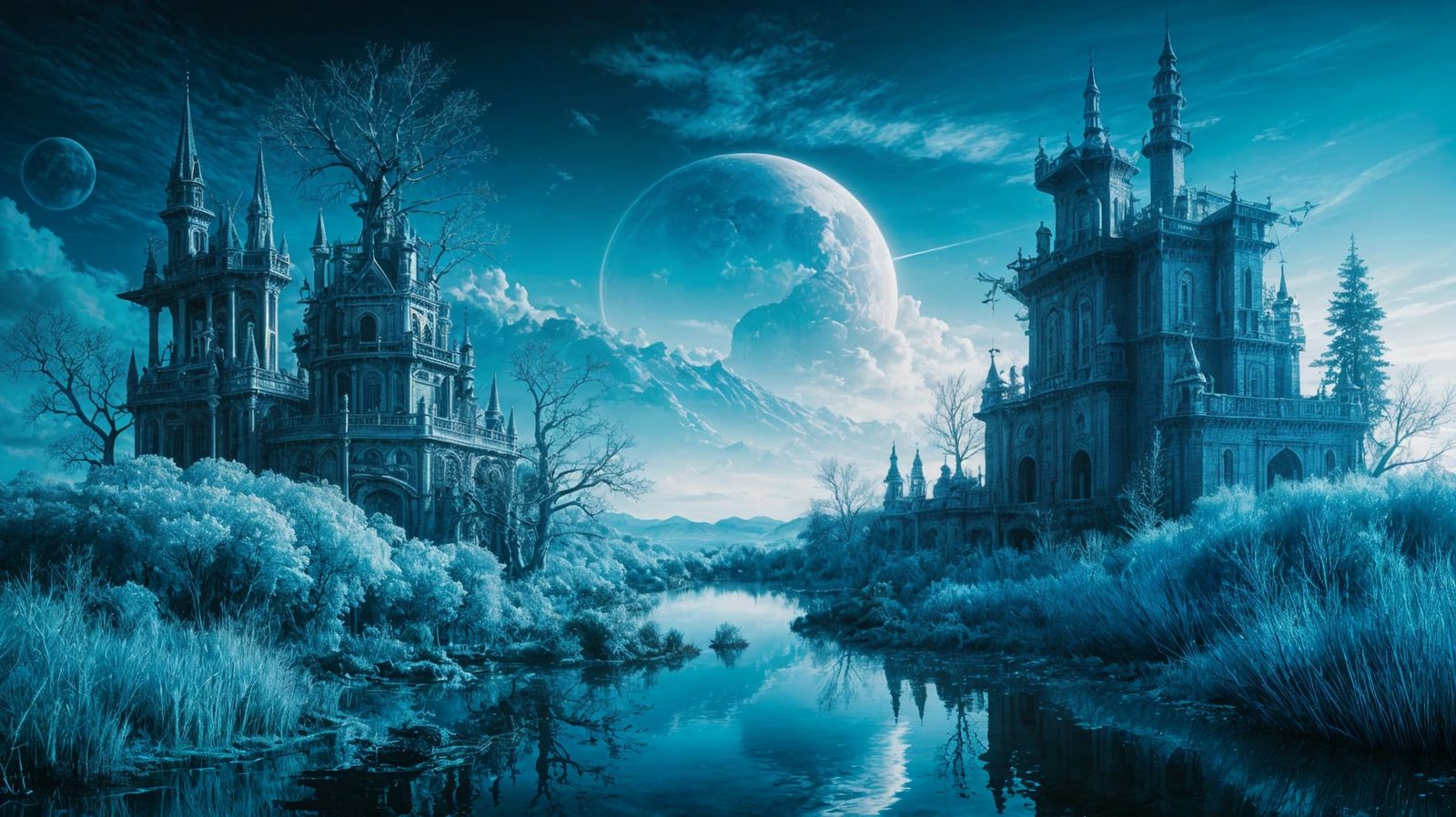 Surreal Blue Snow Castle Dreamscape in Azure Reverie Style