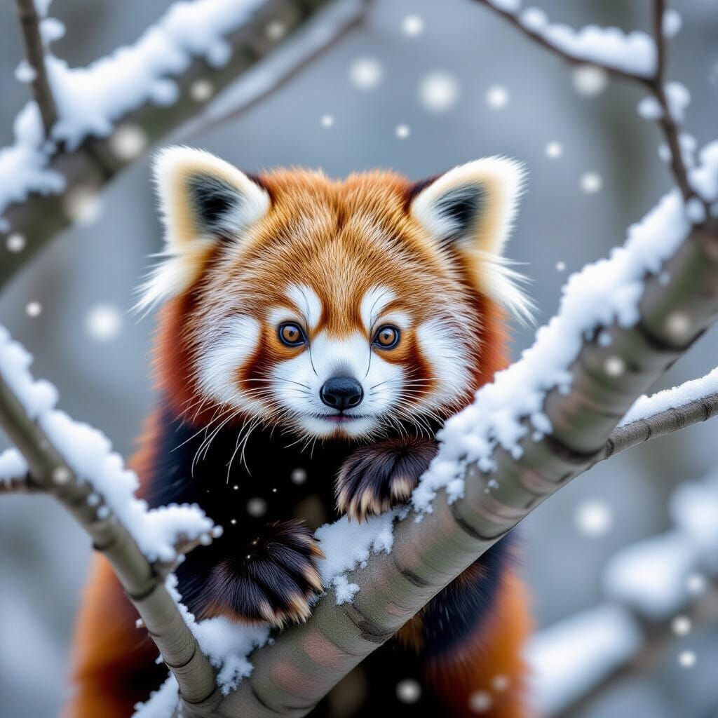 Curious Red Panda in Snowy Winter Forest