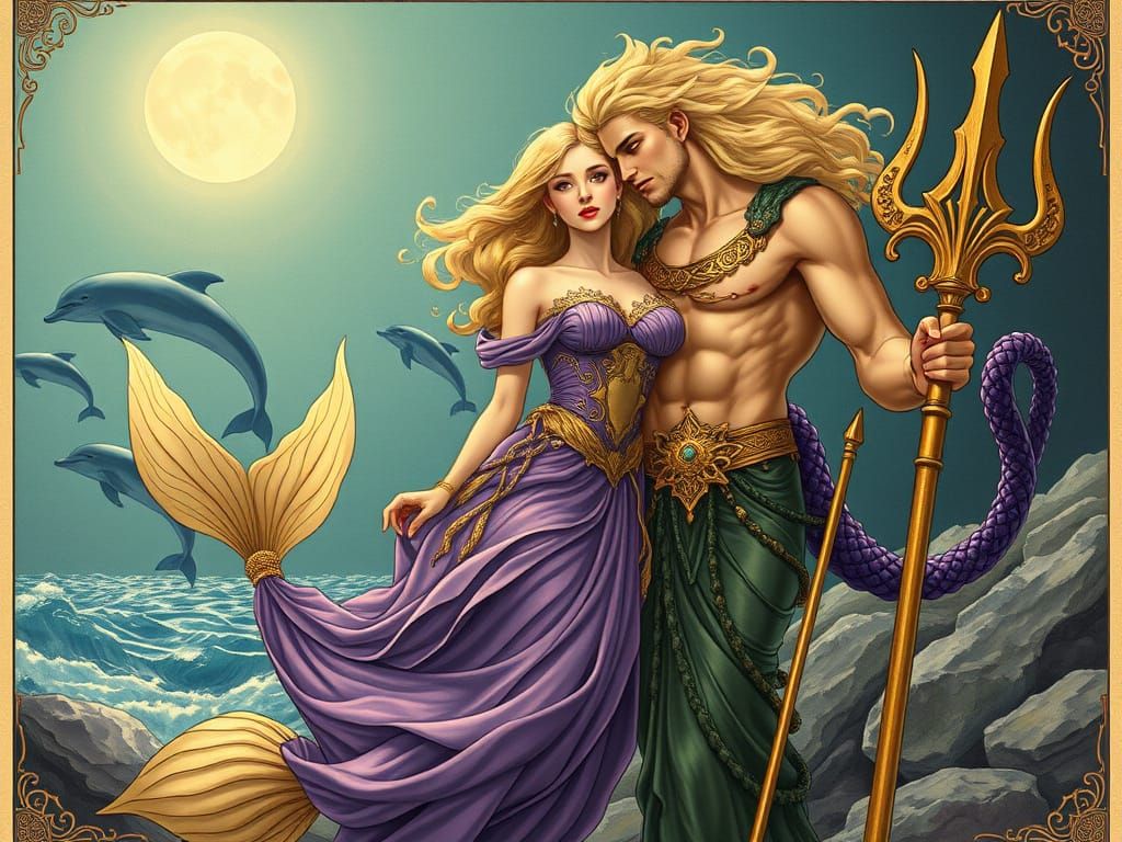 Mermaid and Triton Fantasy Art Nouveau Scene
