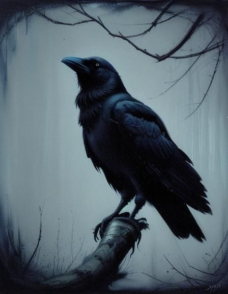 Raven in Watercolor Boreal Swamp at Night