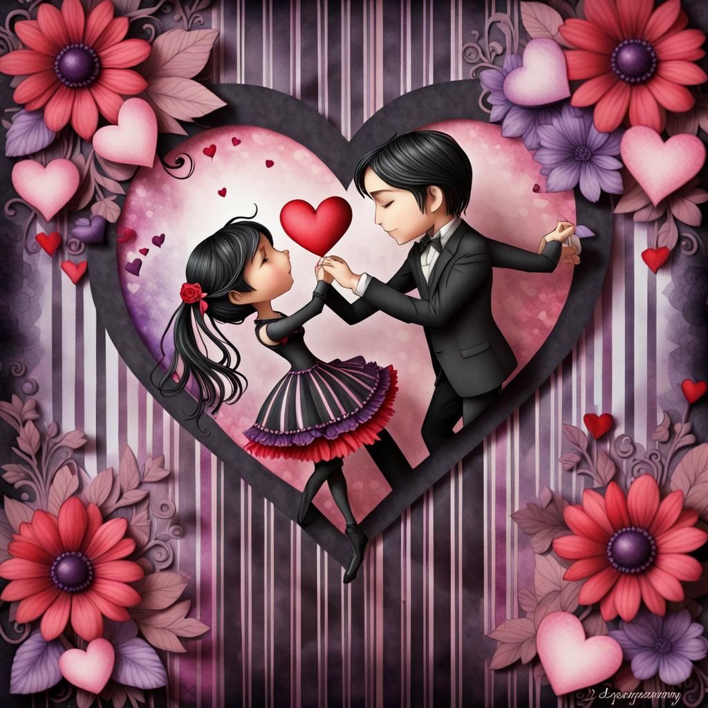 Romantic Chibi Couple Dancing in Surrealist Style