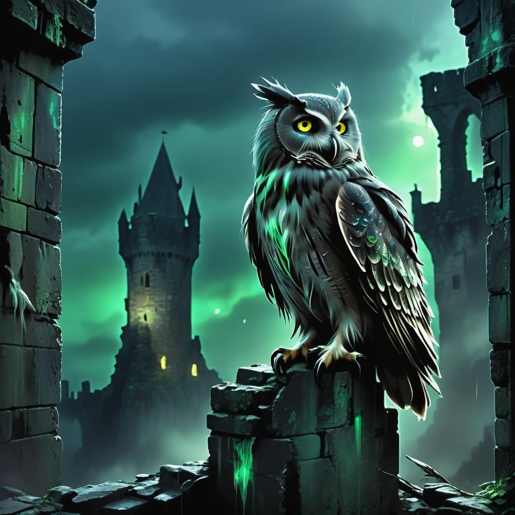 Ghostly Owl Watches Over Ruins in Stormy Night