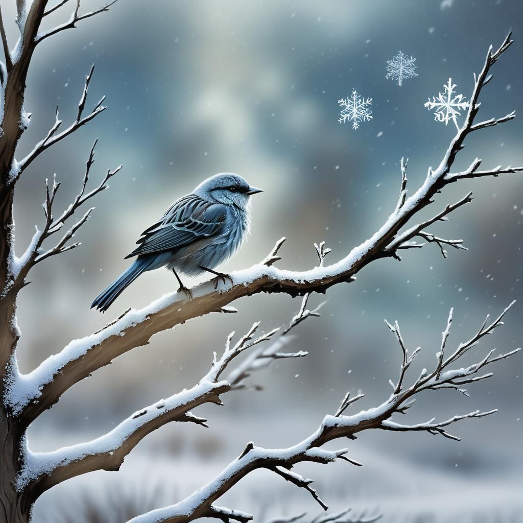 Winter Bird on Barren Branch in Renaissance Style
