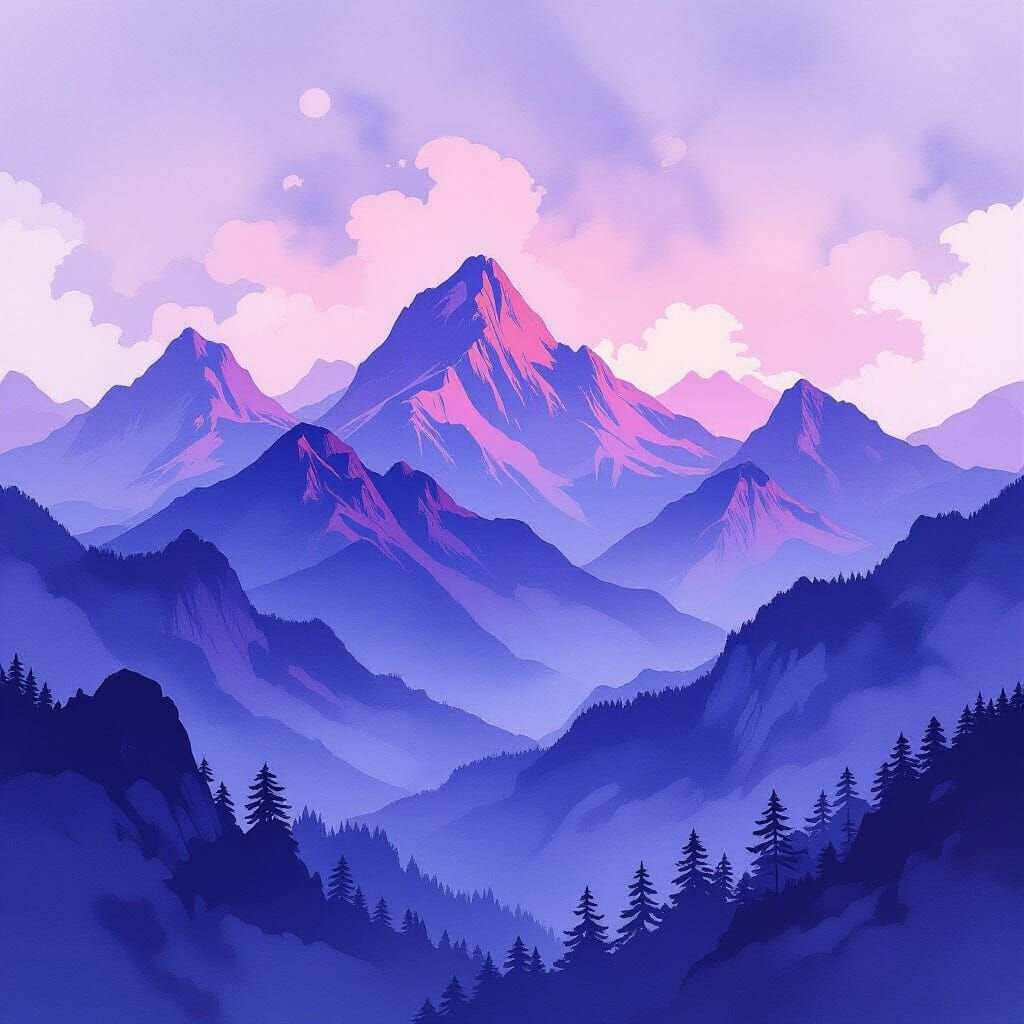 Violet Mountain Range in Ink Wash Style