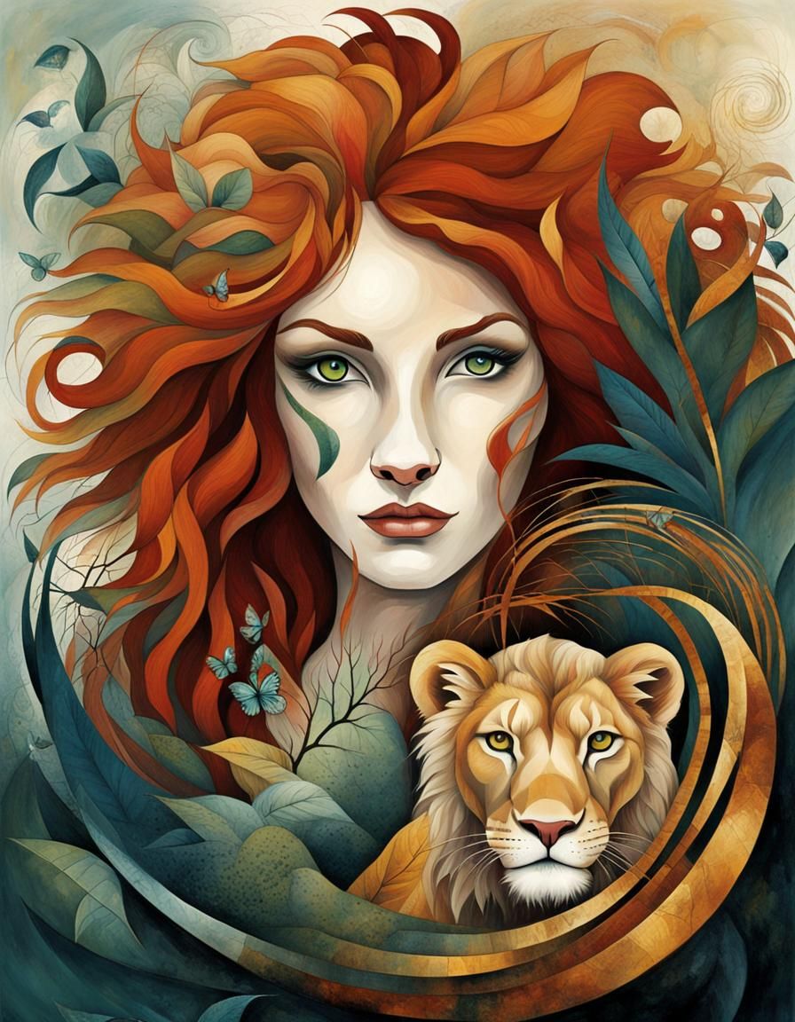 Surreal Grunge Art: Wild Redhead and Lion
