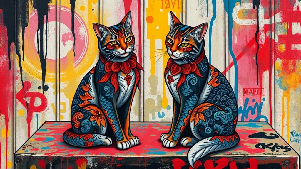 Regal Cats Adorned with Koi Tattoos in Vibrant Street Art