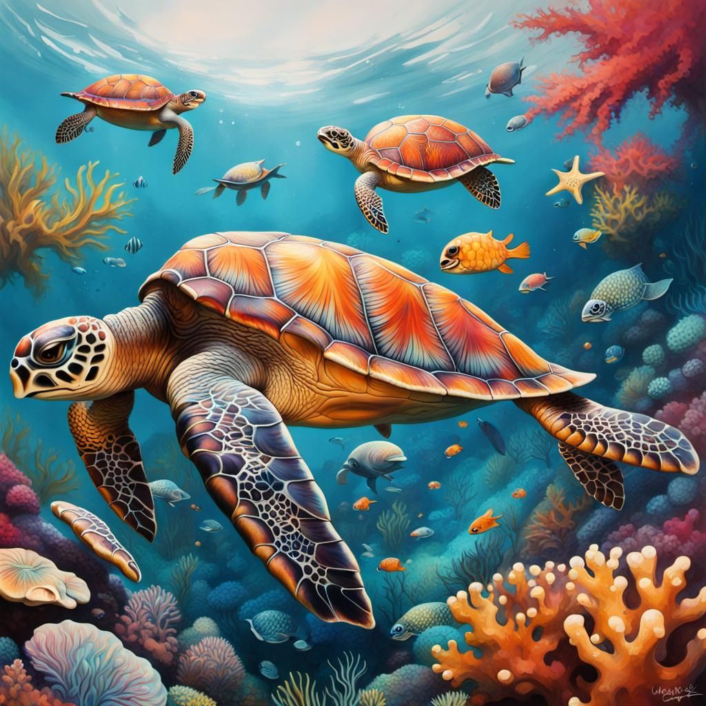 Sea Turtle in Great Barrier Reef Graffiti Art