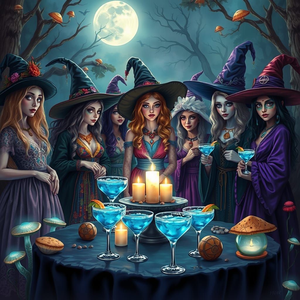 Enchanted Witches' Gathering in Midnight Realism