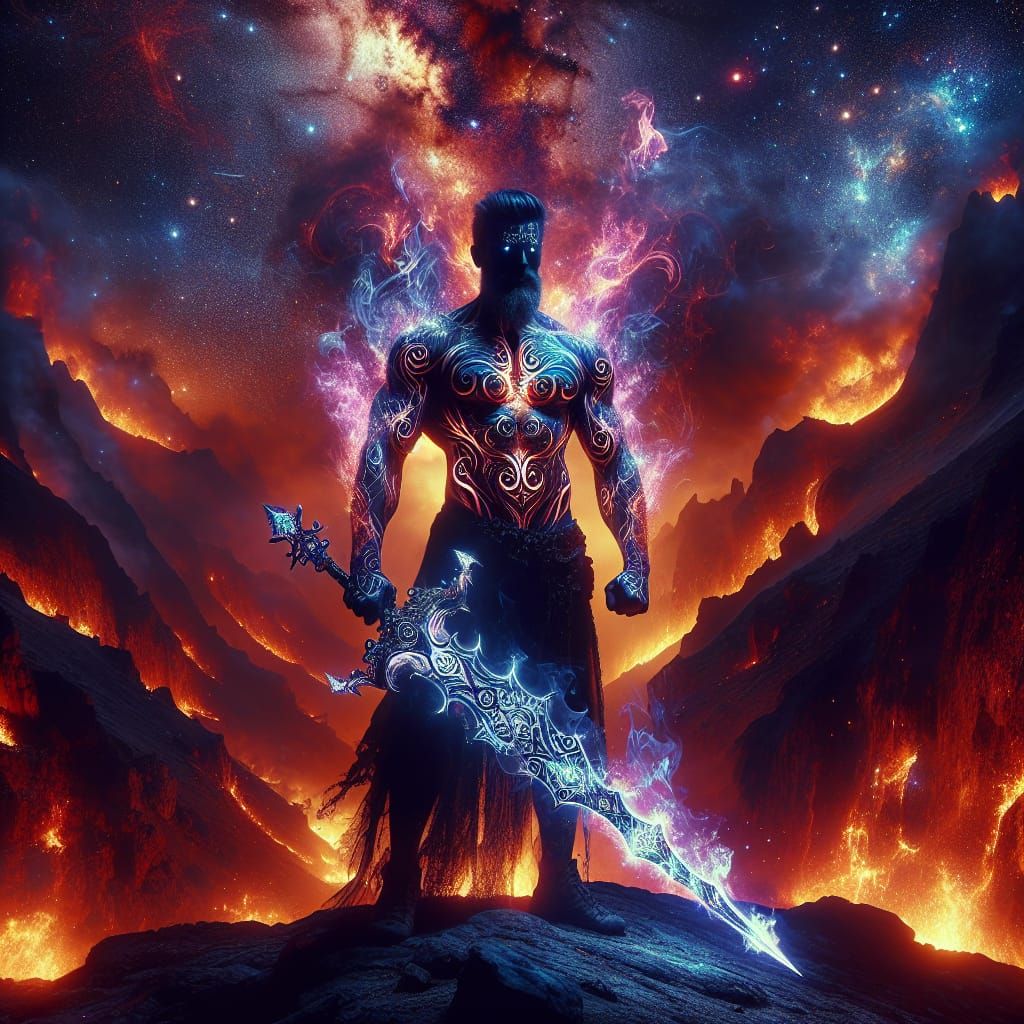 Mystical Warrior with Flaming Sword in Cosmic Landscape