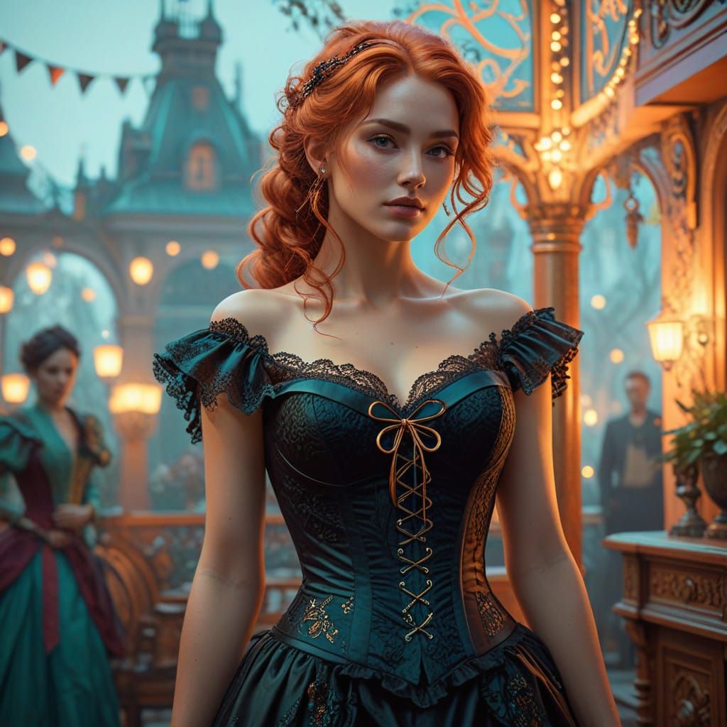 Elegant Victorian Woman in Regency Ball Gown, Delicate Lace...