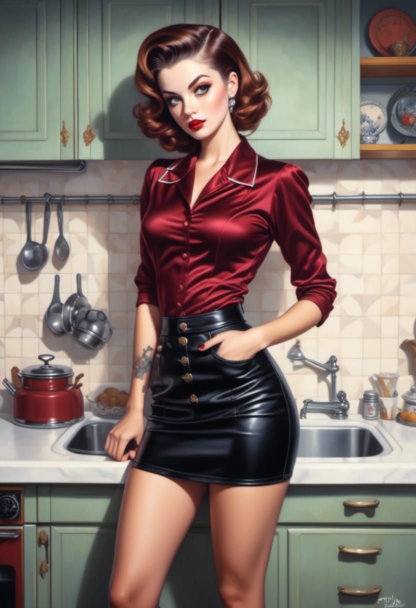 Pin-Up Style Woman in Mid-Century Kitchen