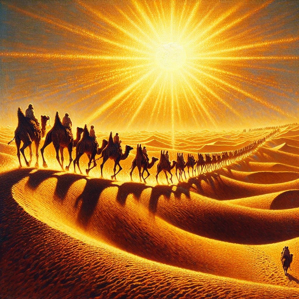 Desert Caravan in Scorching Sunlight: An Oil Painting