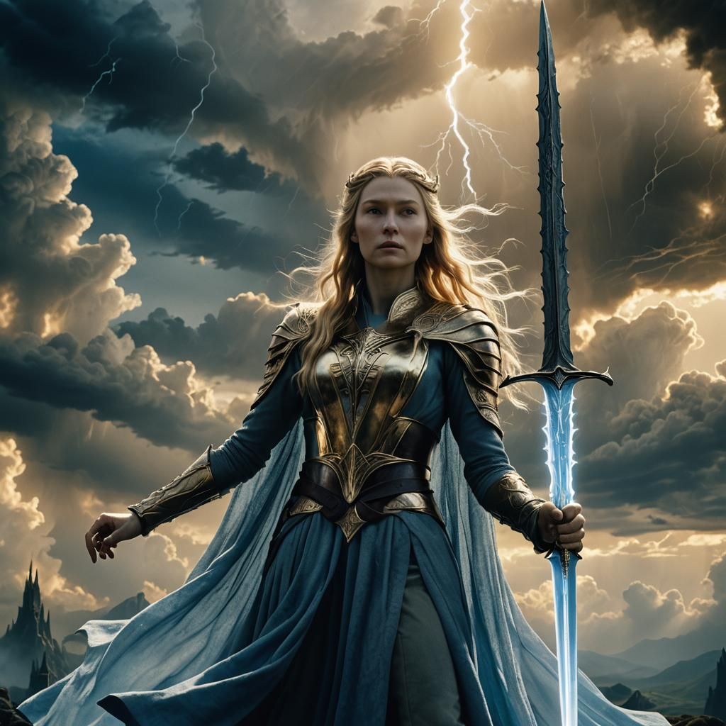 Galadriel Confronts Sauron: A Cinematic Film Still